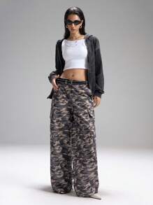 LYSMO 2025年新款简约秋季女士休闲时尚迷彩宽松纽扣口袋裤，适合外出穿着、返校装、毕业装、街头装、垃圾摇滚和朋克时尚、Y2K服装和斯德哥尔摩风格、前卫女装和独特服装、返校装、返校节、2000年代风格、Y2K服装返校装 - 彩色 - 查看 4