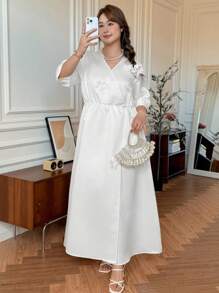 SHEIN LUNE Váy thường ngày màu trơn cỡ lớn cho nữ có họa tiết hoa 3D và eo thắt - trắng - Xem 6