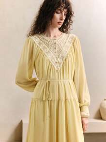 Aveloria Women's Chiffon Splicing Lace Round Neck Pleated Design Waist Warm Yellow Long Dress Elegant Romantic Date Autumn Women's Elegant Dress Women's Simple Dress Beach Outfits For Woman Vacation Outfits Woman Dresses For Women Elegant Country Concert Outfit Fall Cloth For Women - Olive Green - View 2