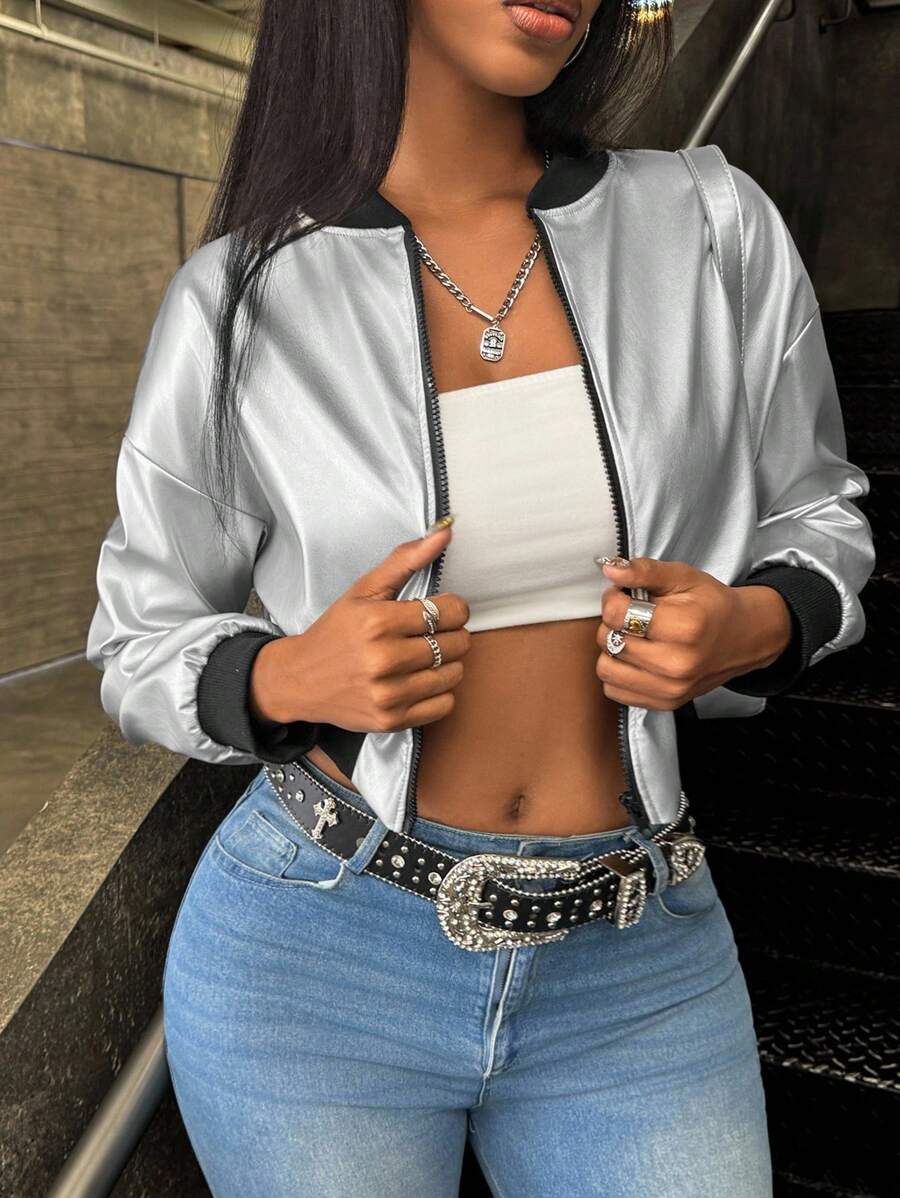 INAWLY Women's Spring And Autumn Fashion Metallic Cropped Jacket Fall Winter Cloth For Women - Silver - View 1