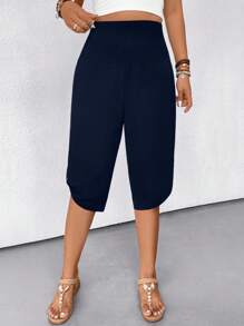 SHEIN LUNE 女式纯色腰系休闲宽松七分裤 - 藏蓝色 - 查看 4