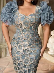 Aureia فستان كوكتيل ضيق بأكمام طويلة ورقبة على شكل قلب، أنيق ورومانسي، مقاس كبير، من قماش الجاكار الأزرق الفاخر، مناسب للحفلات المسائية، والمواعدة، وحفلات الزفاف، والتخرج، والنوادي، والمهرجانات الموسيقية