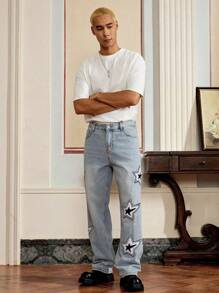 Mainfolk Men's Straight Leg Casual Jeans With Pentagram Patch Pockets - Blue - View 2