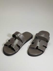 SHUZIA 男士优质油面 PU 灰色 H 型镂空可调节系带拖鞋 - 奢华舒适街头服饰，游艇俱乐部必备 - 灰色 - 查看 6