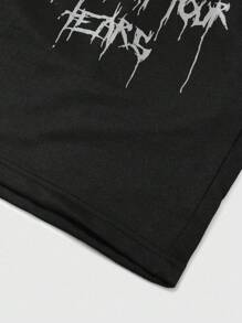 ROMWE MEN Street Life Shorts esportivos masculinos com estampa de estrela e rosto gótico, Halloween - Preto - Ver 7