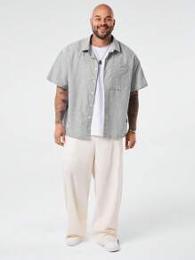 EASEVO Plus Size Men's Loose Casual Vertical Striped Short Sleeve Woven Shirt