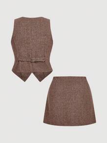 SHEIN MOD 大码女式千鸟格纹背心和短裙套装，百搭商务优雅，适合新女性，秋季工作装，返校装