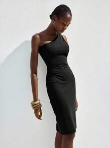 Maija 2025秋季现代都市不对称露背开衩黑色中长连衣裙，适合春夏复古音乐节派对，都市通勤，优雅复古风格，女士办公室穿着 - 黑色 - 查看 4