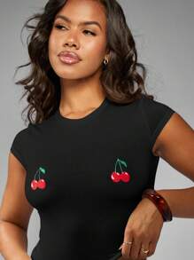 MISSGUIDED 樱桃印花短款上衣婴儿 T 恤 Y2K 时尚盖袖夏季节日休闲棉质弹力修身街头服饰 - 黑色 - 查看 5