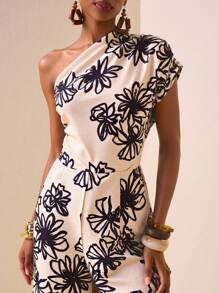 Zivah 2025 春夏新品音乐节、复活节、圣帕特里克节、西部风、游牧风格、生日派对、毕业典礼、学院风、学生装、日常、休闲、度假、邮轮旅行、海滩、日光浴、设计、街头风格、优雅不对称纹理面料、简约花卉印花、单肩褶饰棉麻连体裤 - 卡其色 - 查看 3