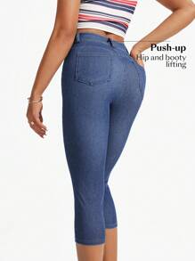 Flexra 纯色口袋松紧腰时尚修身七分牛仔裤 - 中等水洗藍 - 查看 2