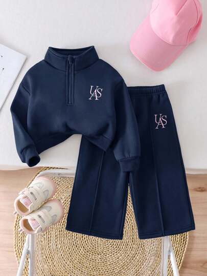 SHEIN 2 件套女婴图案保暖内衬保暖运动衫和裤子套装，适合秋冬季户外和室内穿着