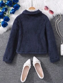 青少年女孩纯色长袖仿毛领夹克 - 藏蓝色 - 查看 2