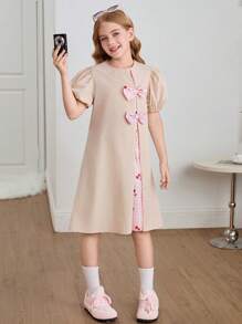 SHEIN Tween Girl Casual Home Loose A-Line Colorblock Patchwork Bow Decor Bubble Short Sleeve Dress - Baby Pink - View 6