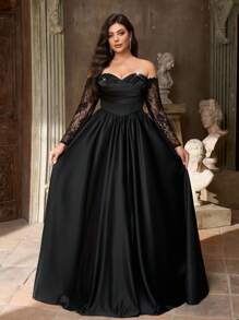 Aureia 大码优雅奢华黑色露肩薄纱长袖连衣裙，饰有花卉领口、蕾丝边和荷叶边下摆，适合婚礼、单身派对、度假、舞会、宴会和晚宴等场合（厚款）黑色蕾丝连衣裙，情人节 - 黑色 - 查看 1