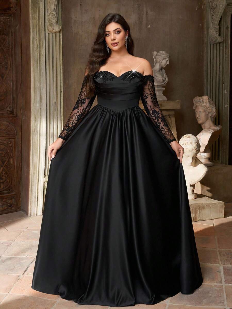 Aureia 大码优雅奢华黑色露肩薄纱长袖连衣裙，饰有花卉领口、蕾丝边和荷叶边下摆，适合婚礼、单身派对、度假、舞会、宴会和晚宴等场合（厚款）黑色蕾丝连衣裙，情人节 - 黑色 - 查看 1