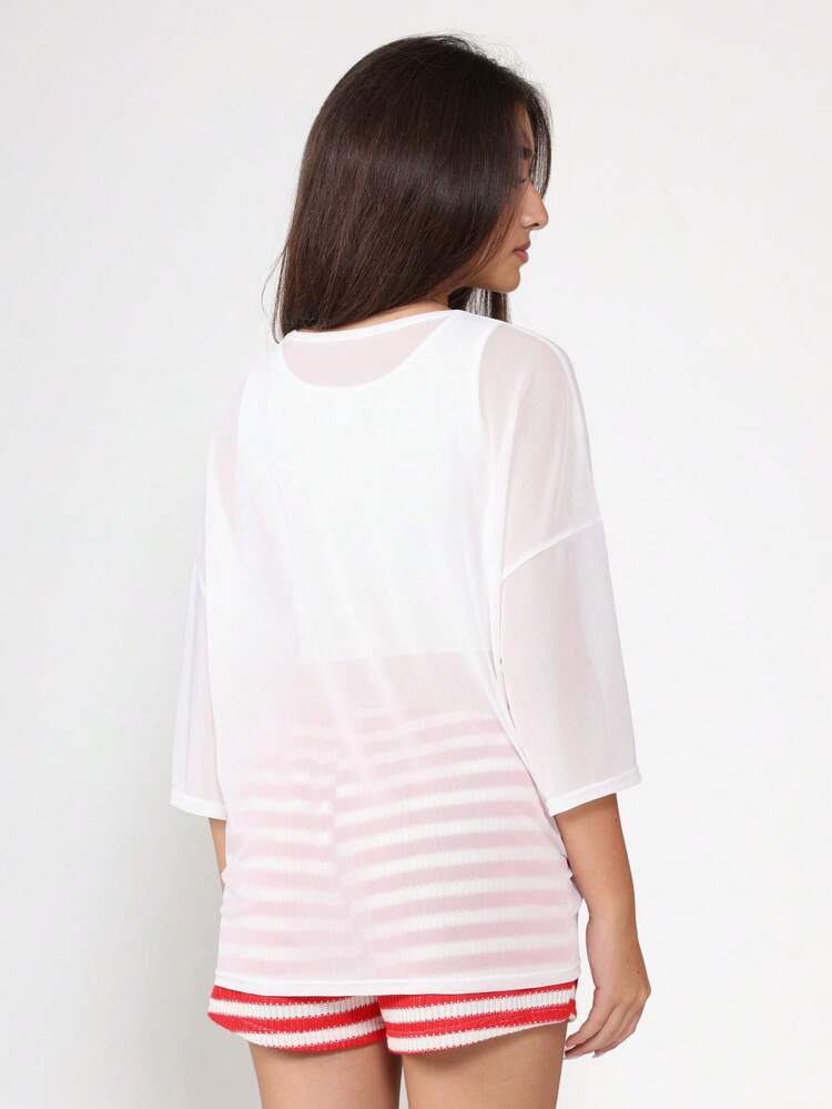 Sheer Mesh Overlay T-Shirt With Quarter Length Sleeves