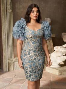 Aureia فستان كوكتيل ضيق بأكمام طويلة ورقبة على شكل قلب، أنيق ورومانسي، مقاس كبير، من قماش الجاكار الأزرق الفاخر، مناسب للحفلات المسائية، والمواعدة، وحفلات الزفاف، والتخرج، والنوادي، والمهرجانات الموسيقية