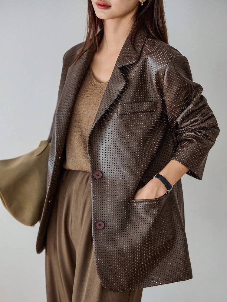 Women's Perforated Loose Business Casual Office Work Wear PU Jacket Blazer, Regular Coat For Autumn/Winter,Fall Women Clothes Leather Jacket