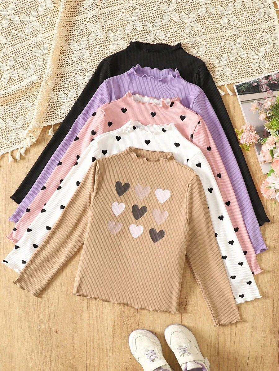 青少年女孩休闲基础款纯色针织弹力长袖汗衫，多件装，秋冬季休闲日常穿着和上学日常必备单品 - 淡紫色 - 查看 1