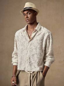 AKNOTIC Men's White Floral Jacquard Casual Loose Fit Long Sleeve Collared Shirt, Suitable For Summer, Autumn, Vacation, Daily Wear, Party, Men's Gift, Fall - Apricot - View 5