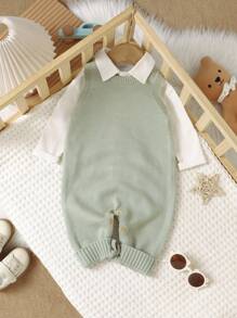 SHEIN Conjunto de peto y pantalones para bebé niño en color verde, estilo minimalista casual y cómodo y transpirable para la etapa de gateo - Verde - Ver 6