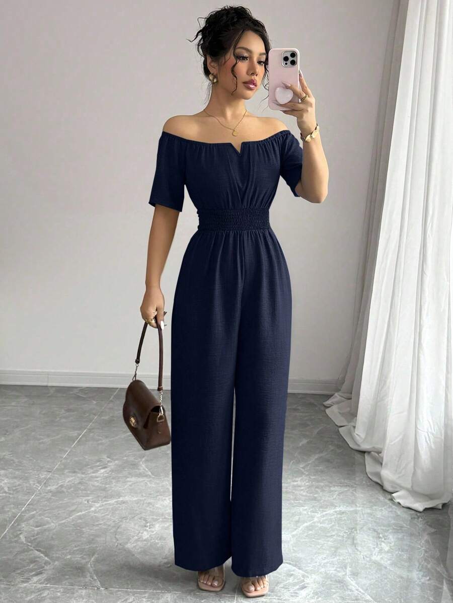 Elenzga 女式夏季新款露肩V领收腰连体裤 - 藏蓝色 - 查看 1