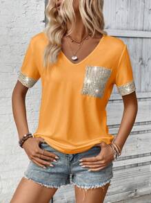 SHEIN LUNE Women's Vacation Casual Sequin Patchwork Short Sleeve T-Shirt