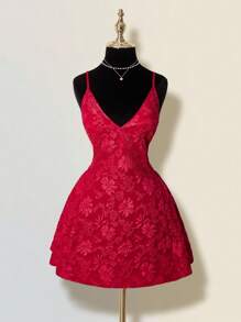 SHEIN ICON Women's Dark Pattern Mini A-Line Flowy Dress, Solid Red Color, Sexy Elegant Deep V Neck Backless Peplum Bodycon Party Dress Red Homecoming Dress - Red - View 8