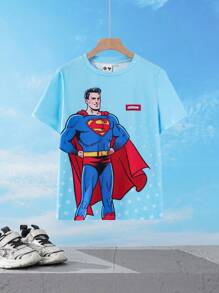 SUPERMAN X SHEIN Tween-Jungen Lässig Street Style Cartoon Held & Buchstaben Polka Dot Muster Kurzarm T-Shirt, Sommer - Blau - Übersicht 1