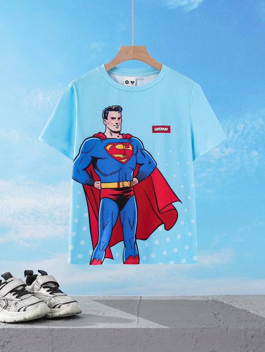 SUPERMAN X SHEIN Tween-Jungen Lässig Street Style Cartoon Held & Buchstaben Polka Dot Muster Kurzarm T-Shirt, Sommer - Blau - Übersicht 1