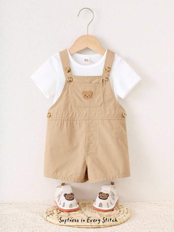 Cozy Pixies Conjunto de babero y shorts con estampado de osito de dibujos animados para bebé niño, casual y versátil