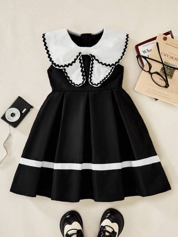 Young Girl' Collared Sleeveless Dress With Contrast Color Ribbon Bow