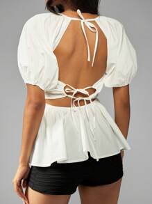 MISSGUIDED Blusa de mangas abultadas con amarre en la espalda, cintura ajustada, espalda abierta, para uso casual, de fiesta, ocasiones especiales, resort, fiesta de duchas nupciales, elegante - Blanco - Ver 2