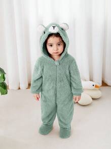新生儿男女通用毛绒熊耳动物连帽拉链连体衣，秋冬季款 - 綠色 - 查看 3