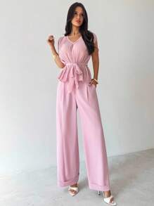 Firerie Women's Elegant Romantic Pleated Waist V-Neck Shirt And High Waist Long Pants 2 Pieces Suit Set, Fashion Commuting Daily Wear, Light Pink, Teacher Outfits For Women - Dusty Pink - View 4