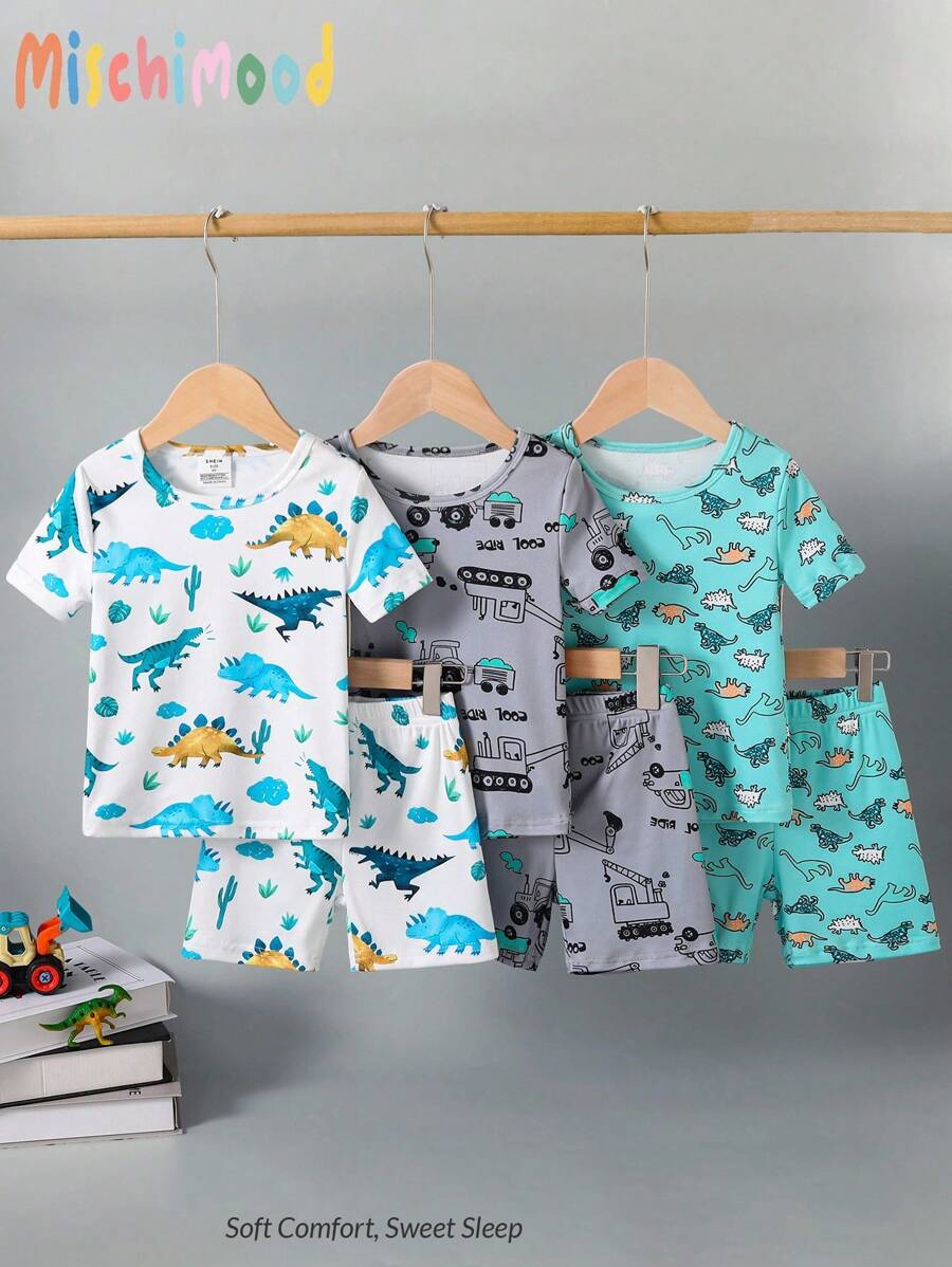 6 件套男童舒适睡衣，卡通太空和海洋动物印花长袖 T 恤和短裤