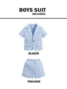 SHEIN 2 buc/set cămașă casual drăguță cu mânecă scurtă și pantaloni scurți cu talie elastică, potrivită pentru petrecere de ziua de naștere, petrecere de seară, spectacol, nuntă, petrecere baby shower, invitat la nuntă, paie, băiețel cu inele, fetiță cu flori, costume pentru bebeluși băieți, costum cu dungi pentru bebeluși băieți, ținută formală pentru bebeluși băieți - Albastru - Vizualizare 7