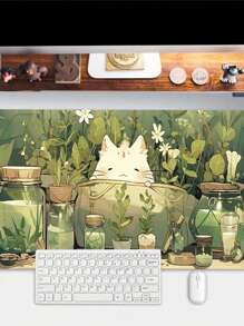 SHEIN 1 tấm lót chuột hình mèo cây xanh dễ thương hoạt hình cỡ lớn cho bàn làm việc Phụ kiện bàn làm việc văn phòng có viền khâu chống trượt XL Tấm lót chuột đế cao su 35,4x15,7 inch cho văn phòng tại nhà Quà tặng cho phụ nữ khi trở lại trường - mèo trắng - Xem 5