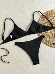 SHEIN ChicEase 女士夏季海滩度假纹理面料细肩带比基尼套装 - 黑色 - 查看 7