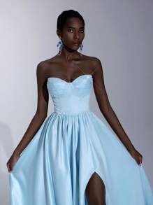 Glamrae Váy satin xanh sang trọng cổ điển với phần ngực xếp nếp, cà vạt có thể điều chỉnh được đính ngọc trai ở phía sau, chân váy chữ A xẻ phía trước, phù hợp cho những dịp trang trọng, tiệc tùng và vũ hội - Màu xanh lam - Xem 4