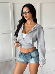Rina Fox Y2K Street Sexy Long Sleeve Solid Color Grey Casual Crop Hoodie Zip-Up Sweatshirt With Pocket - Light Grey - View 5