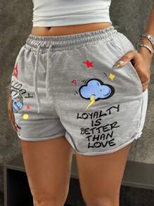 INAWLY 女士口袋束腰短褲，字母和卡通印花，休閒舒適，夏季適用 - 灰色 - 查看 3