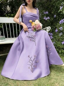 Modelyn Đầm Maxi Tank Top Thanh Lịch Thêu Hoa Cho Nữ - Màu tím - Xem 6