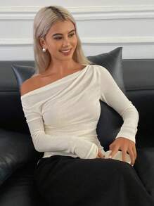 DAZY maglietta a maniche lunghe da donna con spalle scoperte, elegante, casual urbana, vestibilità slim