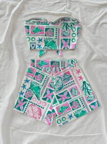 Soleia Women's 2 Pieces Vacation Summer Ocean Element Shell Coral Print Set, Casual Holiday, Daily, Beach Resort - Green - View 2