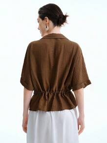 Aalyst Women's French Elegant Minimalist Commuting Office Casual Vacation Comfortable Tea Time Music Festival Beer Festival Plain Linen-Like Collared V-Neck Front Open Waist Drawstring Metal Buckle Decoration Bowknot Dolman Sleeve Cuff Turnover Hem Short Sleeve Crop Top, Coffee