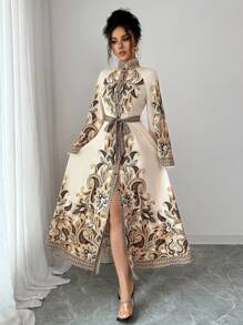 Elenzga Women's Elegant Collar Patchwork Lace Shoulder Long Sleeve Graphic Thanksgiving Teacher's Day Shirt Dress With Belt, Autumn Fall Cloth For Women