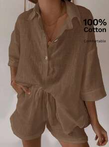 SHEIN EZwear Chocolate Brown Woven Women Short Sleeve Shirt And Shorts Casual Set - Chocolate Brown - View 3