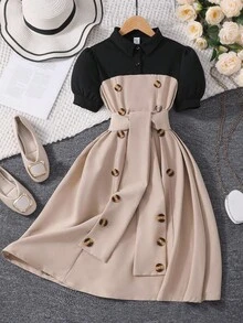 少女拼色泡泡袖迷你连衣裙 - 卡其色 - 查看 4